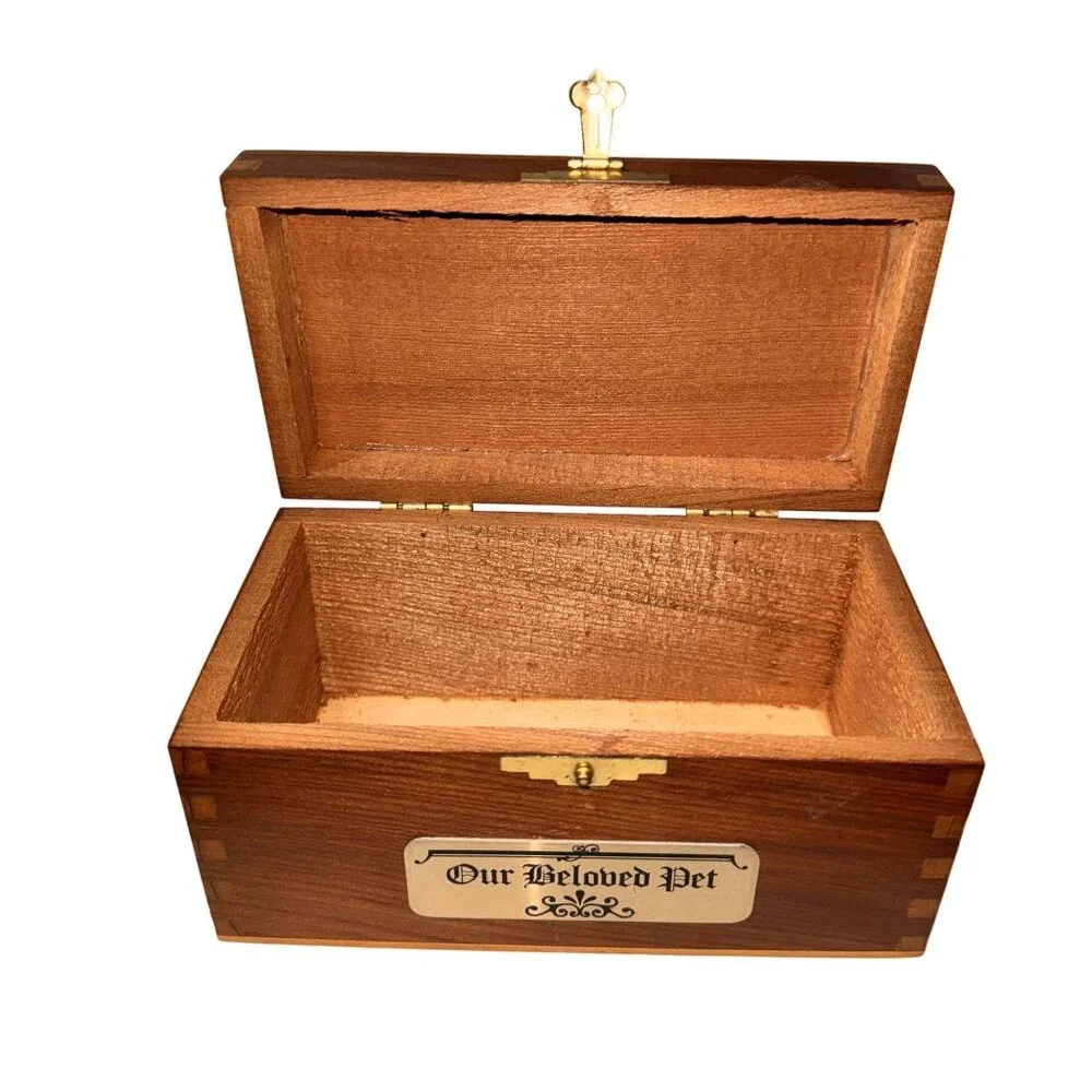 Wooden dovetailed Pet Ashes Keepsake Box Hinged Lid brass plaque - Picture 2 of 8